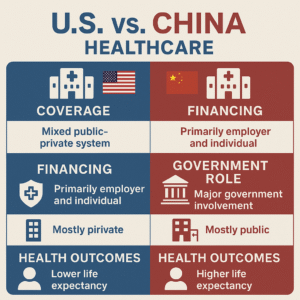 U.S. healthcare system overview, American hospital care, private healthcare model, medical cost in the U.S. China healthcare reforms, public health in China, hospital systems in China, AI in Chinese hospitals