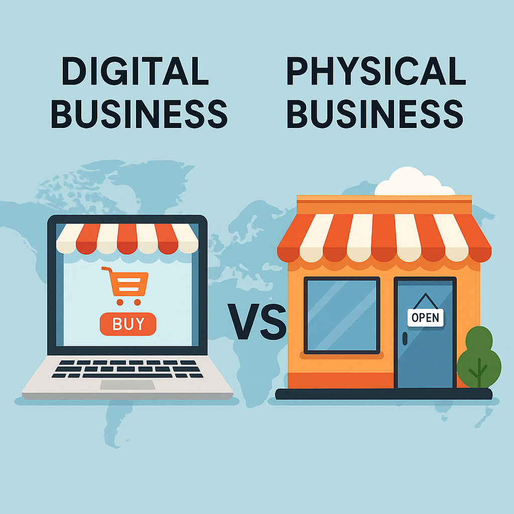 Comparison between digital and physical business models in 2025, illustrating benefits like global reach, local presence, flexibility, and startup costs.